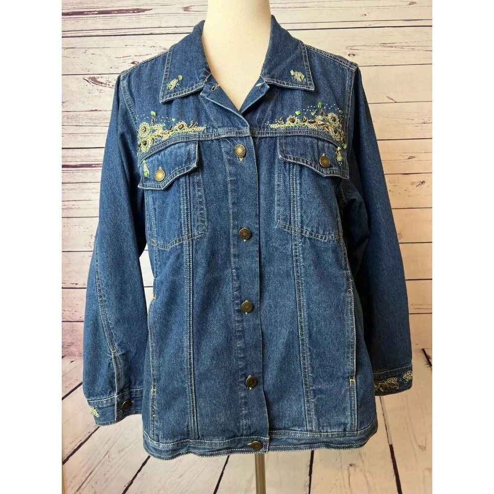 Denim & Co Jean Jacket Plus size 1X Trucker Coat Bling Cotton Y2K 90s - Picture 1 of 9